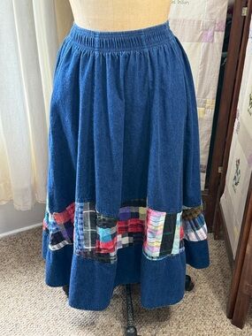 Vintage 80/90s Patchwork Denim Skirt Starfire Elastic Waist Prairie Boho Pockets